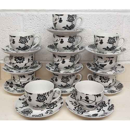 359 - Set of 12x 'White Porcelain' (maker) Black and White floral decorated cups and saucers - excellent c... 