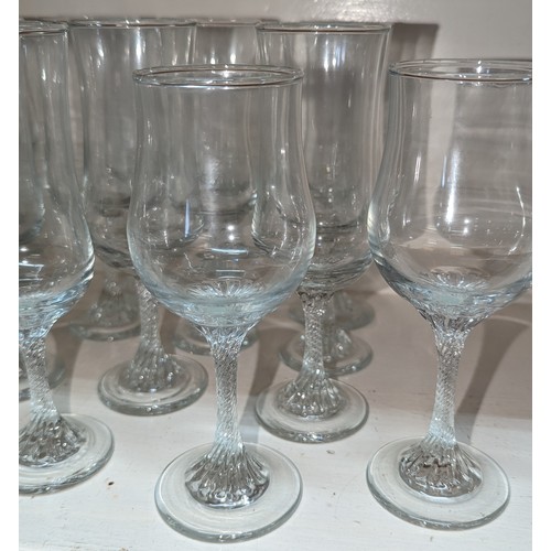 367 - A quantity of antique twisted stem glasses - 10x Champagne - 5x Red wine - 12x White wine.   From th... 