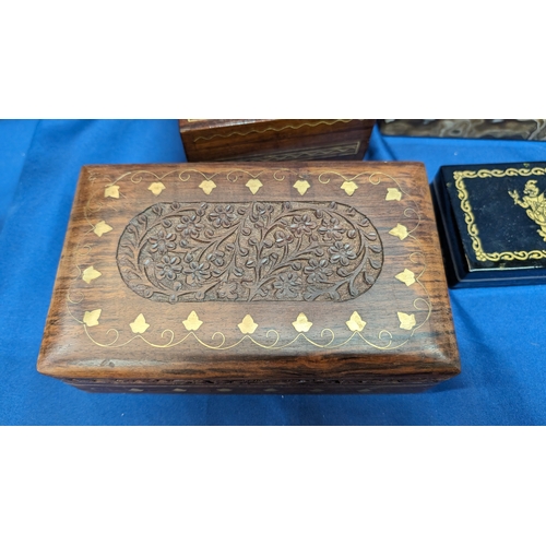 109 - A Selection of Vintage Trinket Boxes:- Hand Carved Wooden Jewellery Box/ Tarot Box with Gold Leaf De... 