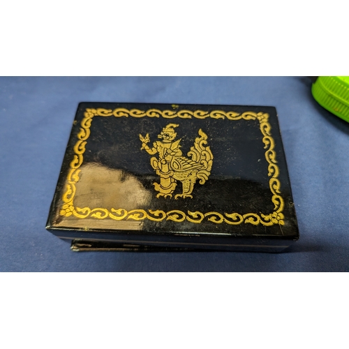 109 - A Selection of Vintage Trinket Boxes:- Hand Carved Wooden Jewellery Box/ Tarot Box with Gold Leaf De... 