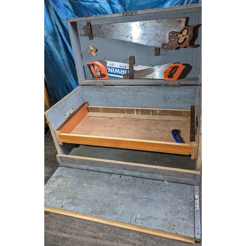 1035 - Wooden tool chest with removable tray and front - including saws