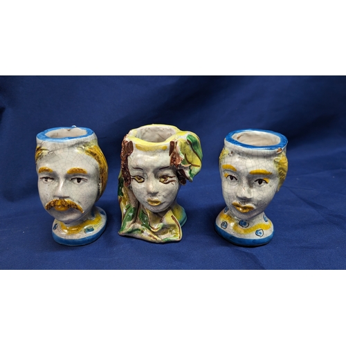 1207 - Vintage 'A Dolce' Majolica Moors Heads x 3 , Height 11cm. 2 Male Heads with Sun Backs and 1 Female. ... 