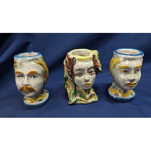 1207 - Vintage 'A Dolce' Majolica Moors Heads x 3 , Height 11cm. 2 Male Heads with Sun Backs and 1 Female. ... 