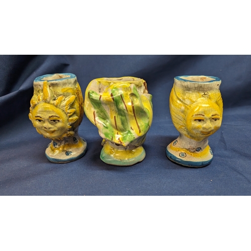 1207 - Vintage 'A Dolce' Majolica Moors Heads x 3 , Height 11cm. 2 Male Heads with Sun Backs and 1 Female. ... 