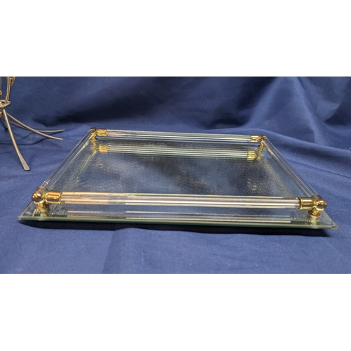 1039 - A Vintage Art Deco Galleried Mirror Tray with Gold Toned End Cups on Glass Rolls plus An Art Nouveau... 