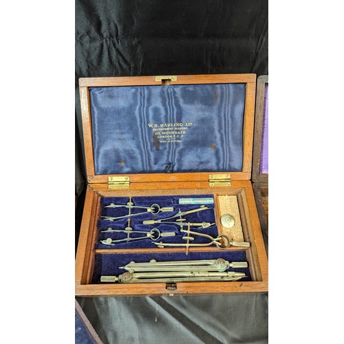 120 - 5 x Technical Drawing/ Draughtsmans Sets, Mahogany and Leather Case . W H Harding & Co etc,