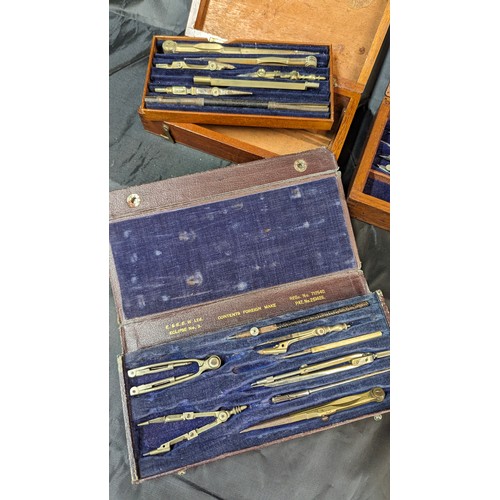 120 - 5 x Technical Drawing/ Draughtsmans Sets, Mahogany and Leather Case . W H Harding & Co etc,