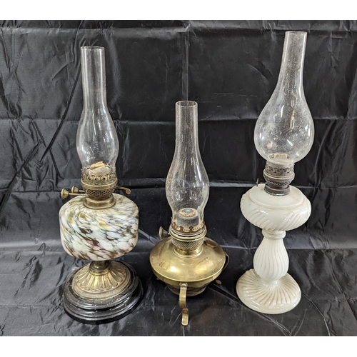 112B - 3 x Late 19th Century / Early 20th Century Oil Lamps, Marble Glass and Brass, Opaque Glass and Brass