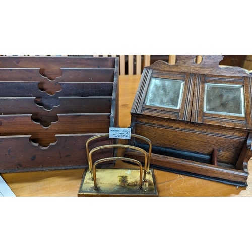 448A - A Collection of Antique Desk Tidies, Letter Racks - 2 x Wooden and 1 Metal with Decorative Base