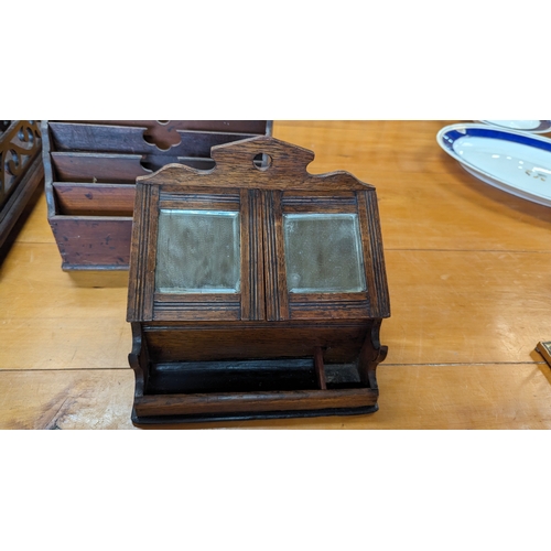 448A - A Collection of Antique Desk Tidies, Letter Racks - 2 x Wooden and 1 Metal with Decorative Base