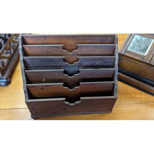 448A - A Collection of Antique Desk Tidies, Letter Racks - 2 x Wooden and 1 Metal with Decorative Base