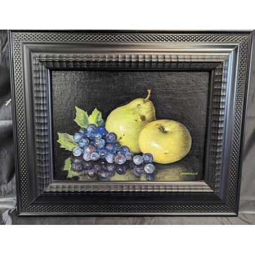 27 - Carlos Laharrague ( Spanish 1930) Still Life of an Apple, Pear and Grapes. 18 inches x 15 inches in ... 