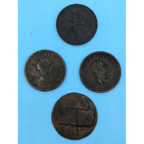 245 - John of Gaunt Duke of Lancaster 11792 Half penny, 2x 1806 George III pennies and one other (worn)