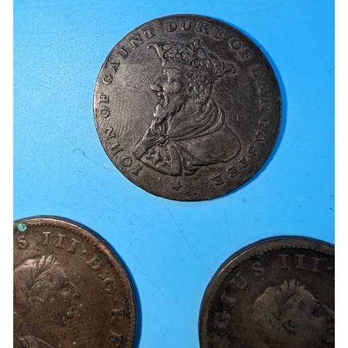 245 - John of Gaunt Duke of Lancaster 11792 Half penny, 2x 1806 George III pennies and one other (worn)