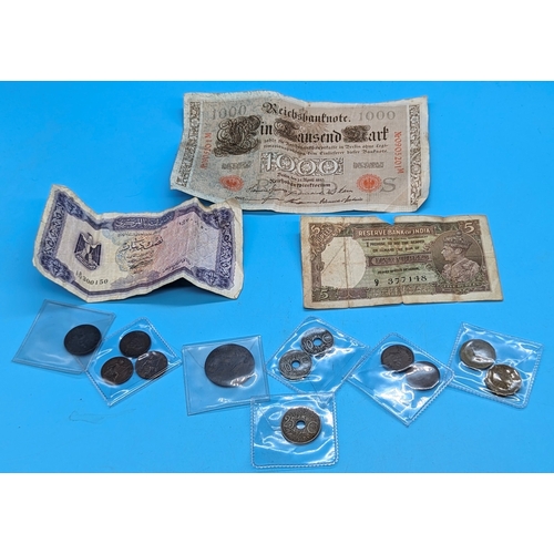 246 - A reserve Bank of India 1930's banknote, 1000 Reichs Banknote and other coins and banknotes