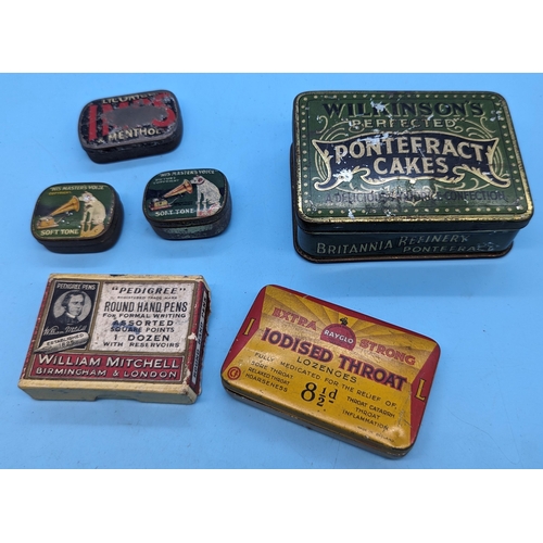 596 - Vintage tins including 'His Masters Voice', Wilkinson's Pontefract cakes etc. some with contents