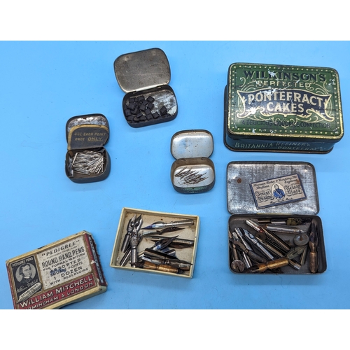 596 - Vintage tins including 'His Masters Voice', Wilkinson's Pontefract cakes etc. some with contents