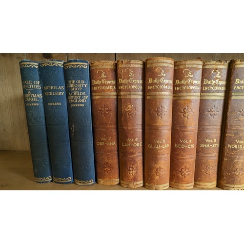 605 - An assortment of Antique books:- The Miracle of England, The adventures of Hajji Baba, Dickens, Dail... 