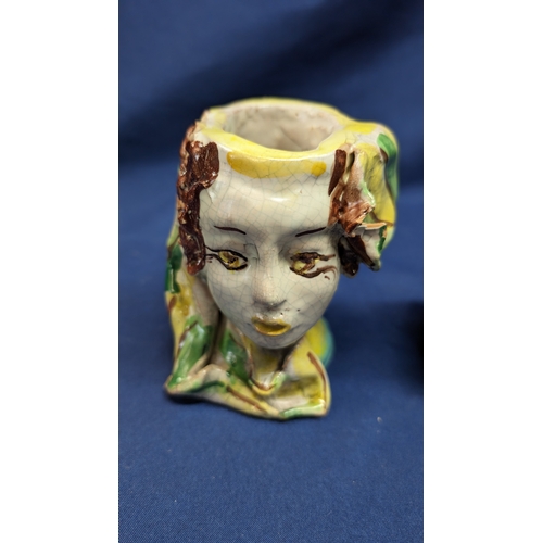 1207 - Vintage 'A Dolce' Majolica Moors Heads x 3 , Height 11cm. 2 Male Heads with Sun Backs and 1 Female. ... 