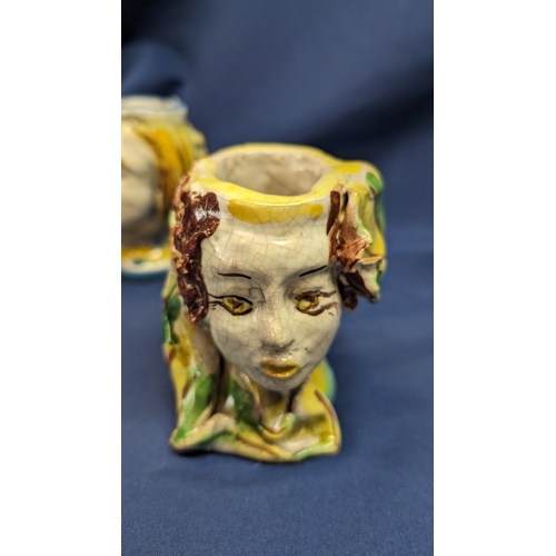 1207 - Vintage 'A Dolce' Majolica Moors Heads x 3 , Height 11cm. 2 Male Heads with Sun Backs and 1 Female. ... 