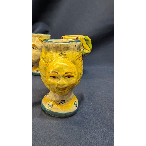 1207 - Vintage 'A Dolce' Majolica Moors Heads x 3 , Height 11cm. 2 Male Heads with Sun Backs and 1 Female. ... 