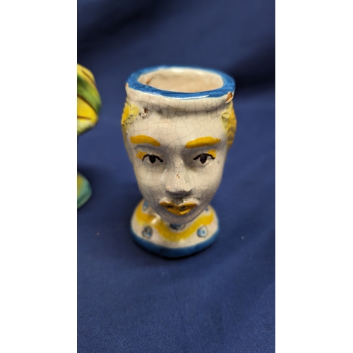 1207 - Vintage 'A Dolce' Majolica Moors Heads x 3 , Height 11cm. 2 Male Heads with Sun Backs and 1 Female. ... 