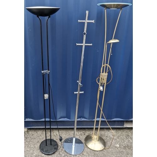 1235 - A Bronze effect uplighter with reading lamp, a Black uplighter and a chrome coat stand