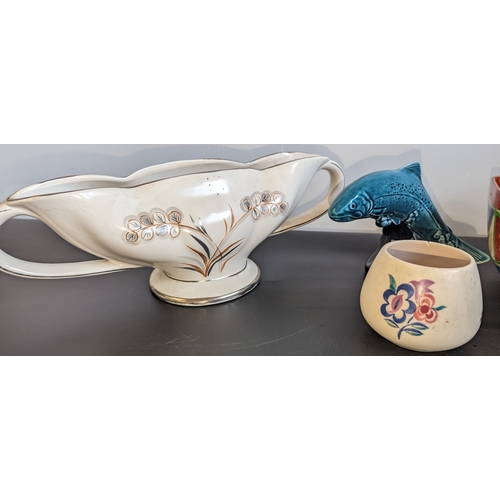 600 - Poole Pottery Dolphin & Floral pot, Claris Cliff Bizarre bowl and Vintage Kensingtonware Mantle vase... 