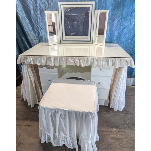 708 - Glass Topped Dressing Table with Linen Cover and Triple Mirror.