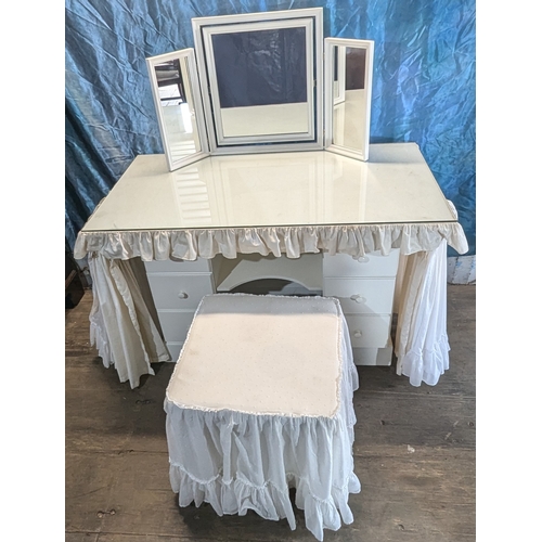 708 - Glass Topped Dressing Table with Linen Cover and Triple Mirror.