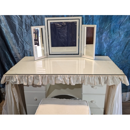 708 - Glass Topped Dressing Table with Linen Cover and Triple Mirror.