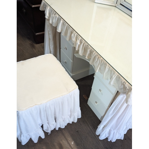 708 - Glass Topped Dressing Table with Linen Cover and Triple Mirror.