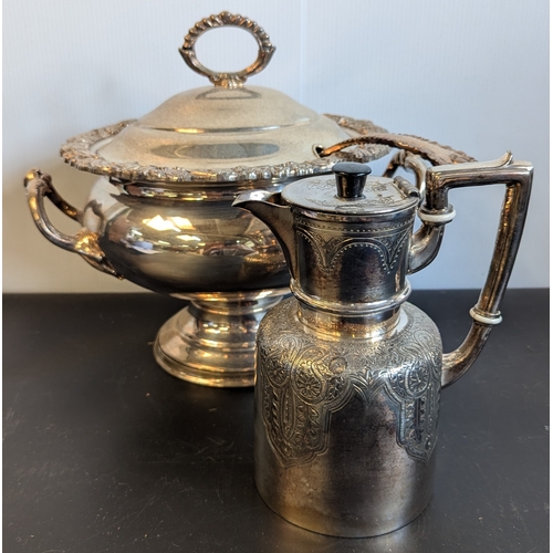 694 - Silver Plate Soup Toureen and Decorative Coffee Pot