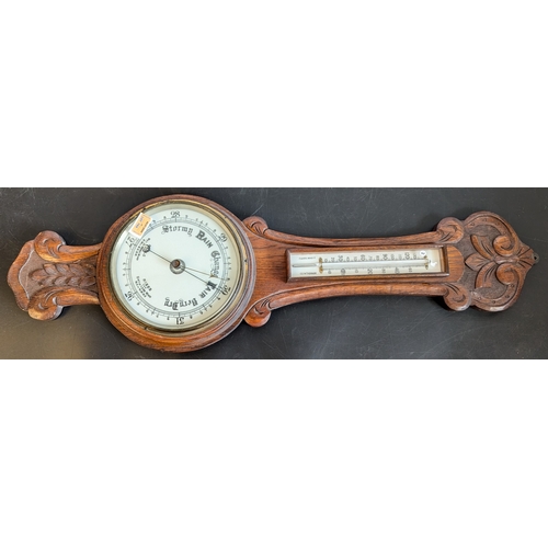 704 - Oak Barometer with Carved Detailing - 87 x 28cm