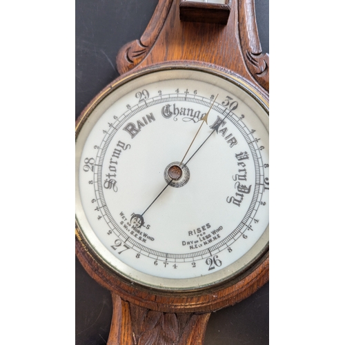 704 - Oak Barometer with Carved Detailing - 87 x 28cm