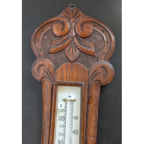 704 - Oak Barometer with Carved Detailing - 87 x 28cm