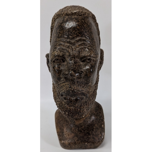 661 - Soapstone Ethnic and Carved Heads - Large 28cm tall, Small 24cm tall