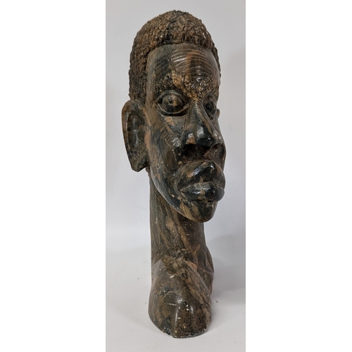 661 - Soapstone Ethnic and Carved Heads - Large 28cm tall, Small 24cm tall