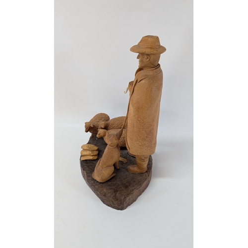 358 - Carved Wooden Shepheard, Sheep Dog and Sheep