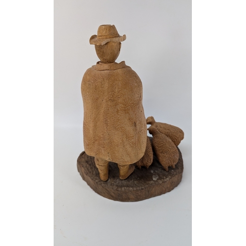 358 - Carved Wooden Shepheard, Sheep Dog and Sheep