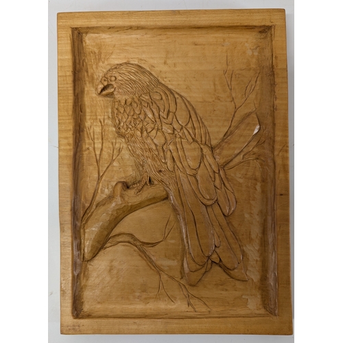 383 - 3x Carved Wall Hangings - Owl, Hedgehog and Bird of Prey.