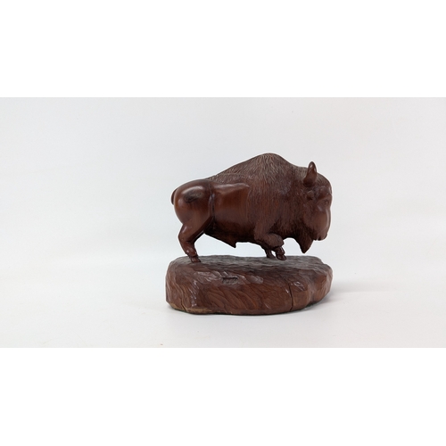 389 - 3x Carved Wooden Animals - Bear, Bison and Parrot