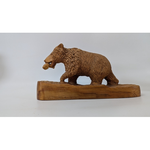 389 - 3x Carved Wooden Animals - Bear, Bison and Parrot