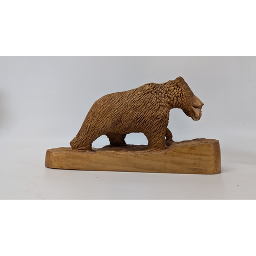 389 - 3x Carved Wooden Animals - Bear, Bison and Parrot