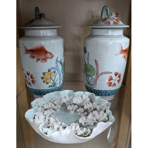 66 - A Pair Of Japanese Lidded Pots Depicting Koi Carp and Dish