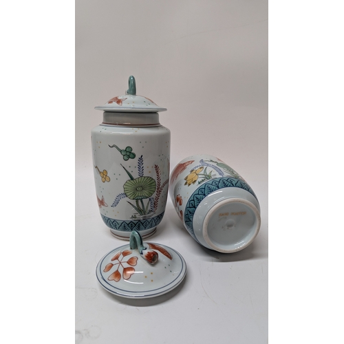 66 - A Pair Of Japanese Lidded Pots Depicting Koi Carp and Dish