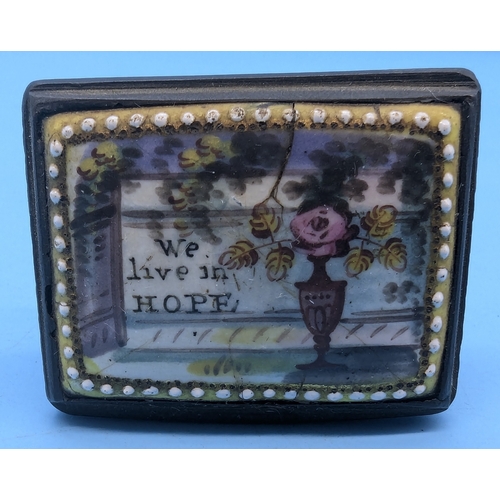 197 - A Bilston And Battersea Enamel And Brass Snuff Box 'We Live In Hope' - Some Cracks