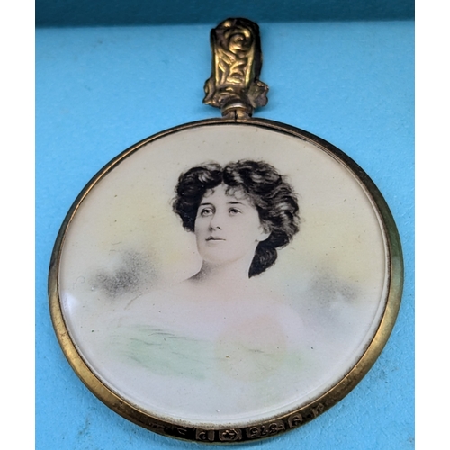 251 - An Antique Edwardian Hand Painted Portrait Miniature Of A Lady In 9ct Gold Frame - Watercolour And G... 