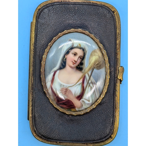 253 - A Victorian Leather And Gilt Wallet / Purse With A Hand Painted Oval Porcelain Miniature Painting De... 