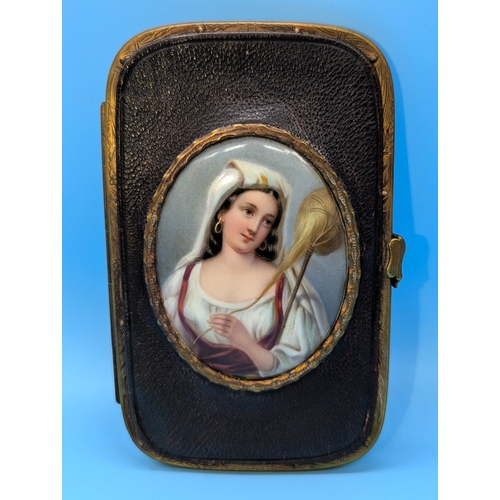 253 - A Victorian Leather And Gilt Wallet / Purse With A Hand Painted Oval Porcelain Miniature Painting De... 